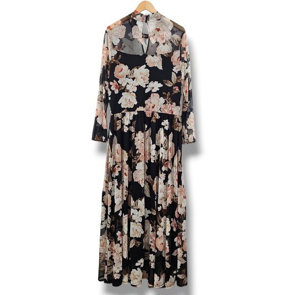 En Focus Maxi Dress 18W Black Pink Floral Sheer Mesh Boho Whimsigoth Fairygrunge - Picture 2 of 9